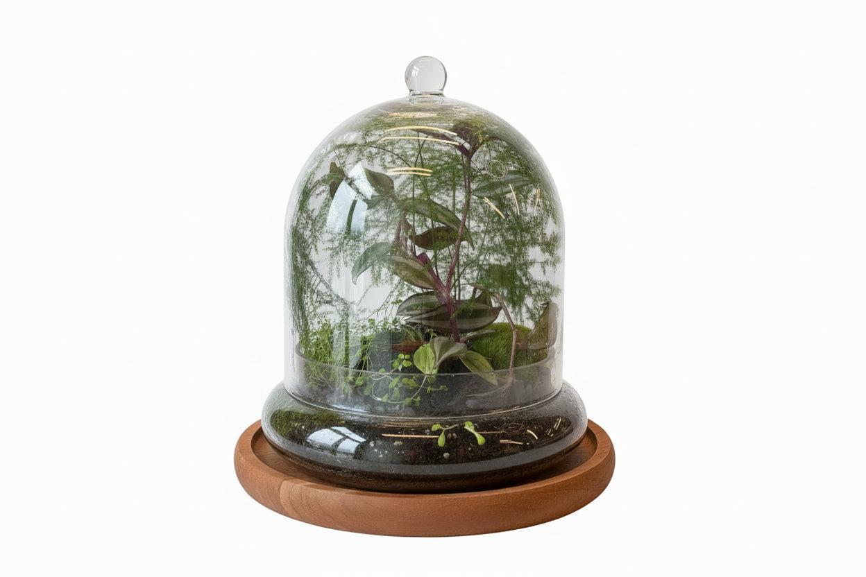 A glass terrarium on a wooden surface, featuring a variety of plants 