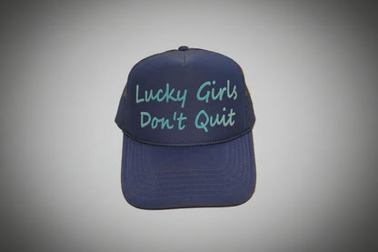 Blue cap with 'Lucky Girls Don't Quit' text 