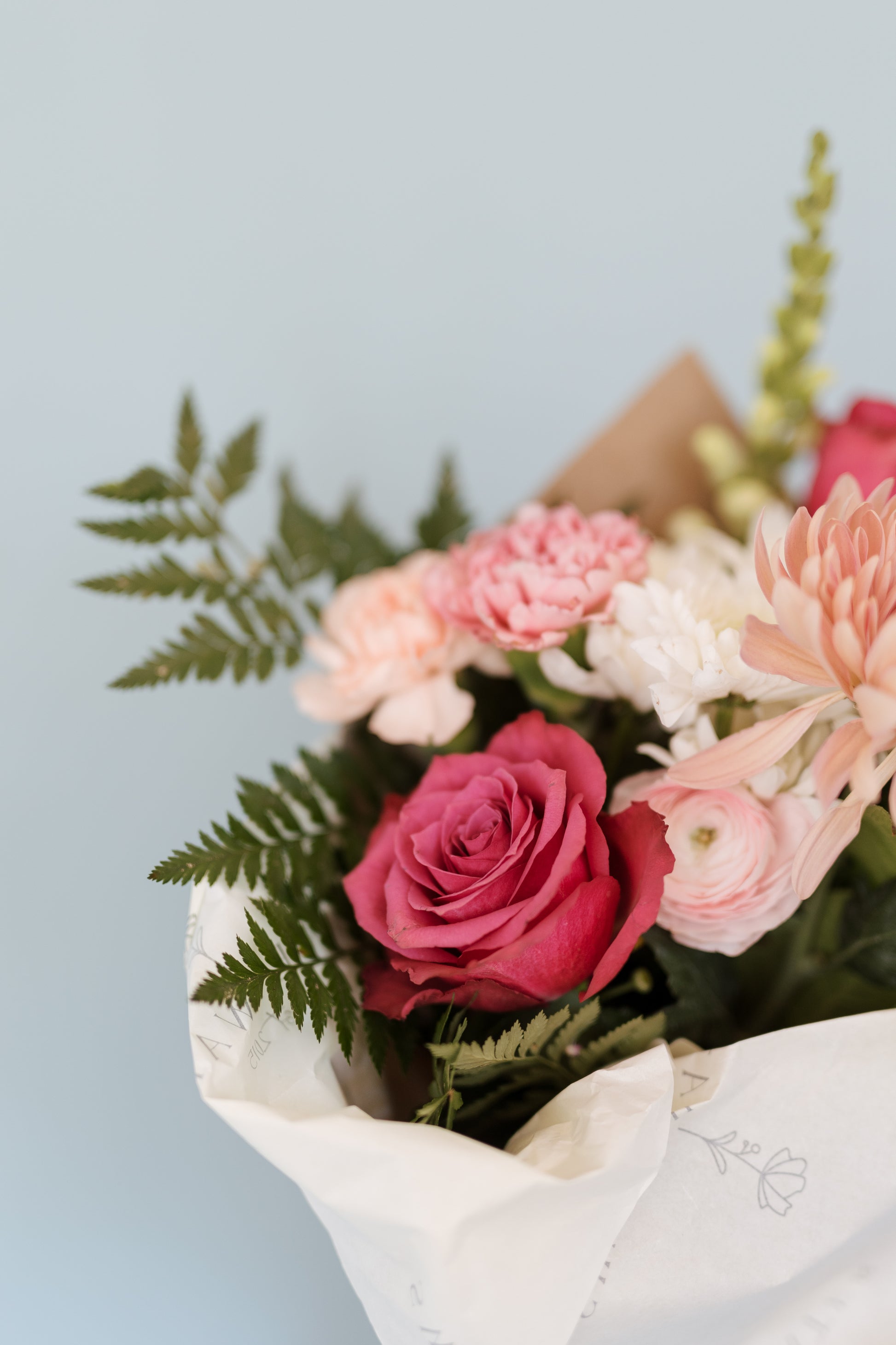 close up of wrapped bouquet 